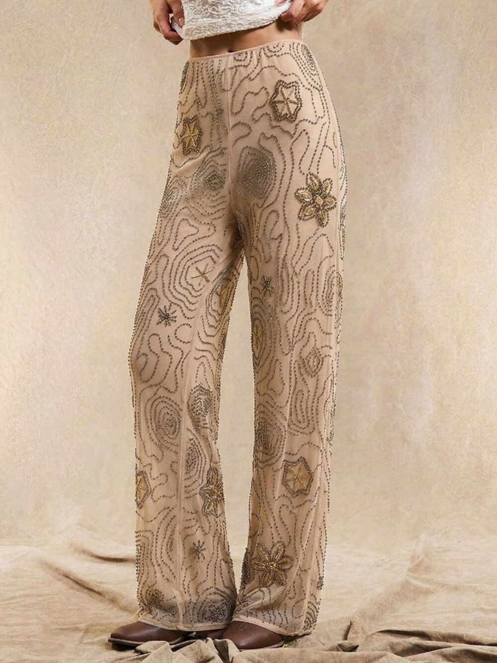 Apricot Boho Women's Loose Straight Leg Pants With Beaded Pattern - Picture 1 of 4